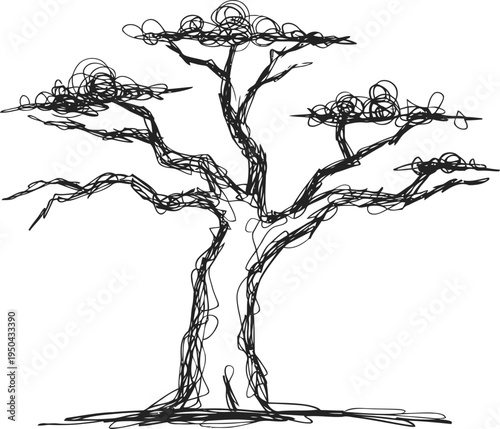 Abstract black ink scribble tree drawing with sparse branches and rounded foliage shapes