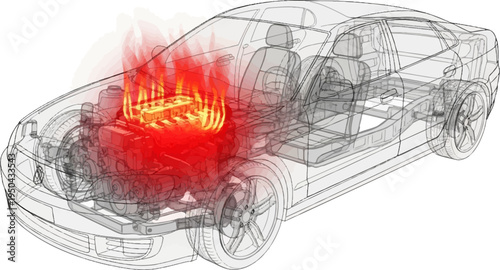 Car engine overheating with flames emanating from the engine block