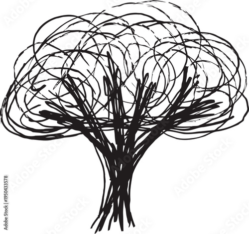 Abstract black ink tree drawing with swirling branches and expressive lines on white background