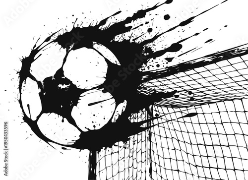 Soccer ball splashing ink effect flying into goal net dynamic black and white design