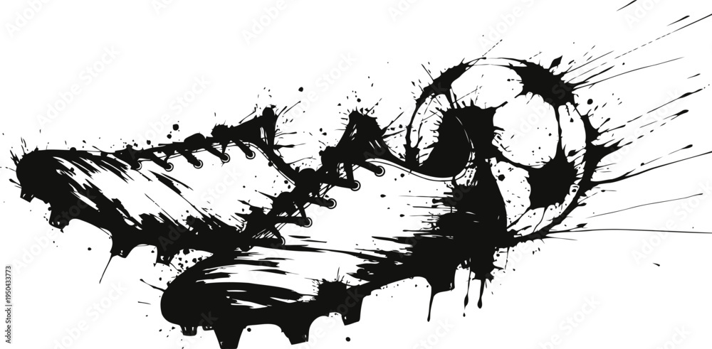 Obraz premium soccer cleats and ball silhouette with grunge ink splatter effect in dynamic