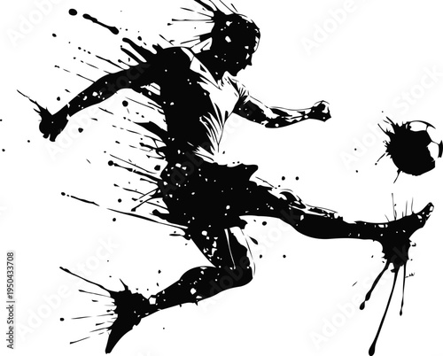 Dynamic silhouette of a soccer player kicking the ball with paint splash effect