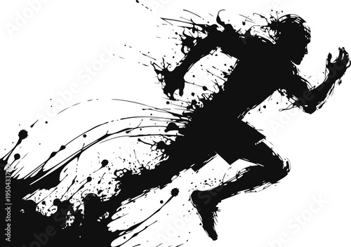 Dynamic runner silhouette with abstract paint splatter effects, energetic sports motion concept