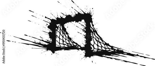 Grunge soccer goal silhouette with splattered paint background and dynamic ink splashes