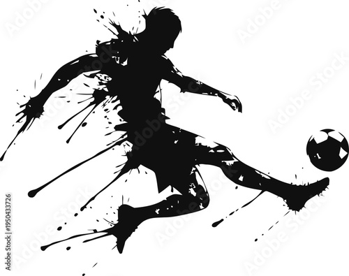 dynamic soccer player silhouette kicking ball with ink splash effect, sport action illustration