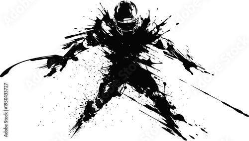 Dynamic skier silhouette with splatter ink effect, winter sports action and speed movement illustration