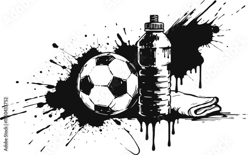 Soccer ball, water bottle, and towel with black ink splashes sports and fitness essentials concept