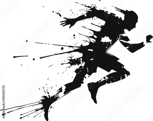 Dynamic silhouette of a male sprinter running with artistic paint splatter effect in motion
