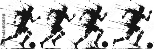 Dynamic soccer player silhouette sequence dribbling ball in motion, sports movement illustration