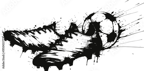 soccer cleats and ball silhouette with grunge ink splatter effect in dynamic