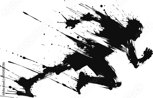 Dynamic black silhouette of a running athlete with splatter paint effect in motion