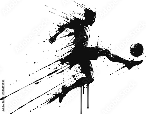Silhouette of soccer player kicking ball with dynamic splash ink effect, sports action illustration