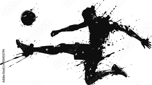 Dynamic soccer player silhouette kicking ball in energetic splash ink action pose