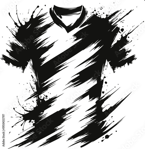 Abstract black and white striped sports jersey with paint splatter effect and dynamic brush strokes