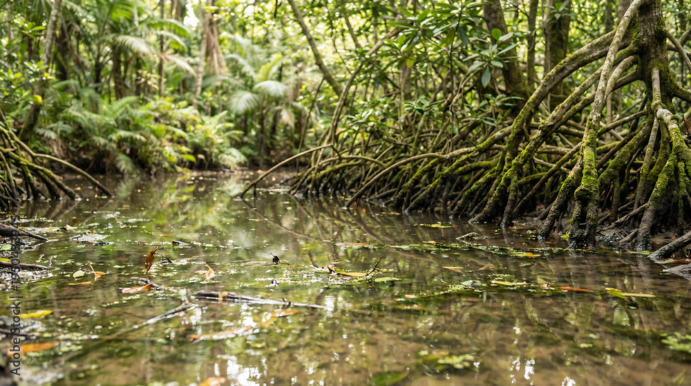 Obraz premium Dense mangrove forest with intricate root systems reflecting in calm, muddy water, a vital tropical wetland ecosystem.