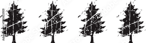 Set of four black silhouette pine trees with textured grunge effect, isolated on white background