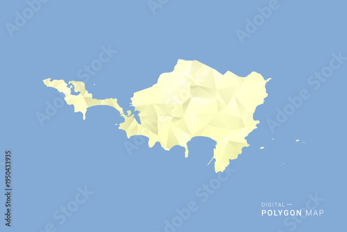 Sint Maarten Map in low poly polygon vector style, geometric shape illustration with soft yellow tones on blue background, clean silhouette for infographic.