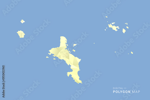 Seychelles Map in low poly polygon vector style, geometric shape illustration with soft yellow tones on blue background, clean silhouette for infographic.
