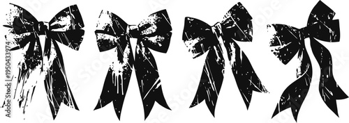 Black grunge bows with distressed texture set vintage holiday decorative ribbons in various shapes