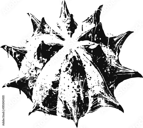 abstract black and white spiky shape with rough texture and symmetrical star like pattern