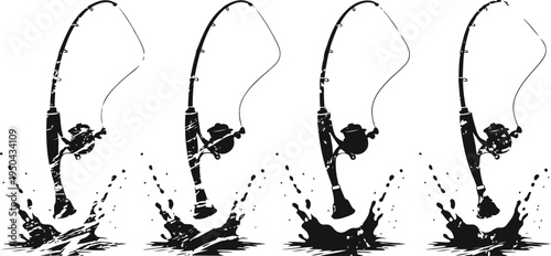 Silhouettes of fisherman catching fish with fishing rods in splashing water action illustration set