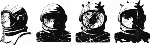 Vintage astronaut helmets in black and white silhouette style, space exploration headgear set