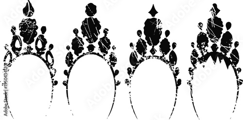 four black ornamental vintage crowns silhouettes with intricate details and various shapes