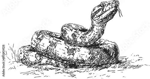 Coiled snake with forked tongue flicking out, detailed ink drawing of wild reptile resting on grass