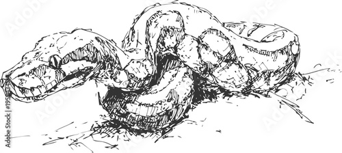 detailed hand drawn illustration of a snake coiled on the ground with natural textures