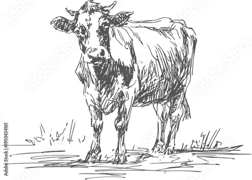 hand drawn black and white sketch of a standing cow in natural outdoor setting