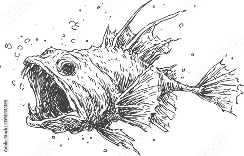 Anglerfish with open mouth and sharp teeth underwater, deep sea creature sketch illustration
