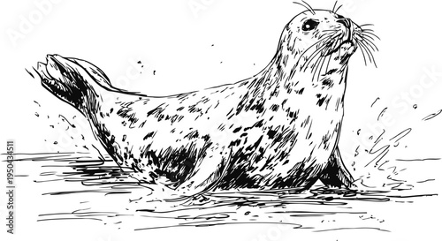 Spotted seal resting on water surface with whiskers and detailed fur pattern illustration