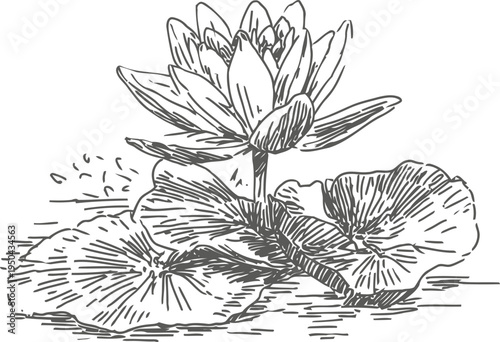 Black and white vintage water lily illustration with leaves and water surface detail