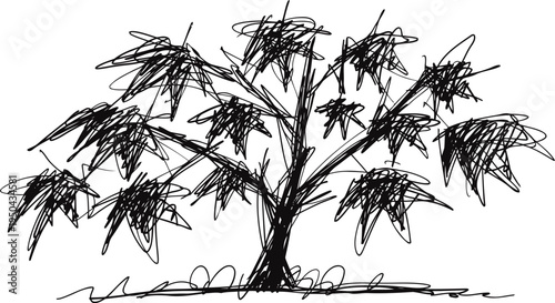 Hand drawn sketch of a leafy tree with multiple branches and scattered leaves in black ink