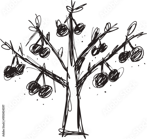 Abstract hand drawn sketch of a cherry tree with branches and clusters of cherries