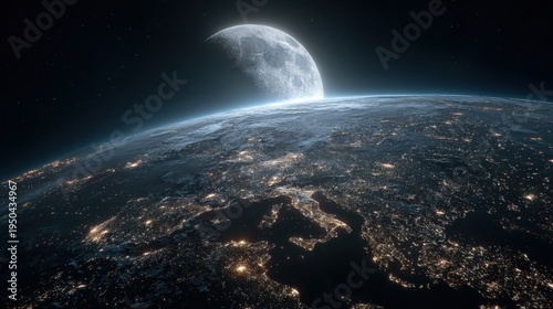 Earth from space with moon rising over lit up continents