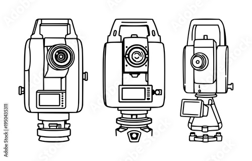 Total station set with geometric vector icon featuring surveying equipment, engineering tool, measurement device with optical instrument and construction concept