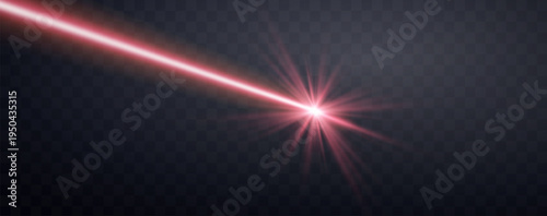 Pink horizontal laser beam. Neon line, presentation pointer. Pink glow flare light effect. Vector illustration. Isolated on dark transparent background.