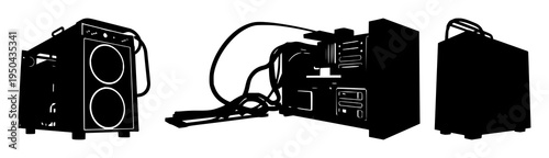 Crypto mining rig set with solid black silhouette on white background high contrast featuring crypto, mining, digital finance with infrastructure and technology