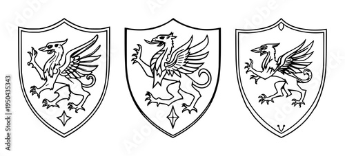 Heraldic shield set with bold black line illustration featuring griffin, medieval, protection symbol with line art and white background