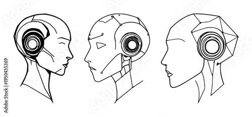 AI humanoid head set with minimalist futuristic profile featuring geometric, line art, vector with clean lines and white background