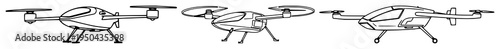 Electric vertical takeoff and landing craft set with minimalist line art featuring urban air mobility, electric aircraft, aviation with white background and flat design