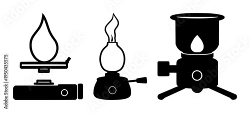 Bunsen burner set with flat vector icon and bold outlines featuring laboratory equipment, science, icons with solid black and white background