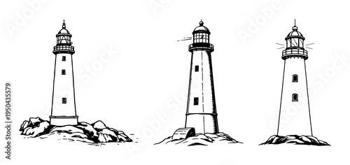 Lighthouse set with detailed woodcut style illustration featuring light beams, nautical safety, black ink with ocean and navigation