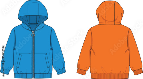 Kids hooded jacket vector template, children zip up hoodie with pockets, front and back view outerwear apparel technical drawing fashion flat sketch