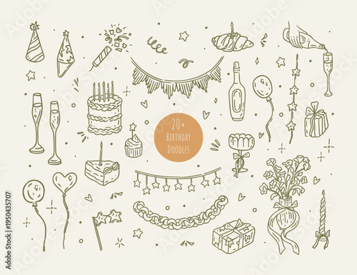 Birthday Party Doodles Collection. Celebration icons. Vector.