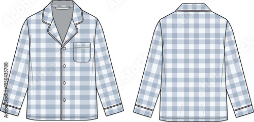 Men plaid pajama shirt vector template, long sleeve sleepwear top with chest pocket, front and back view fashion flat sketch