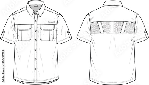 Men short sleeve utility shirt vector template, button down outdoor shirt with chest pockets and mesh panel, front back fashion flat sketch