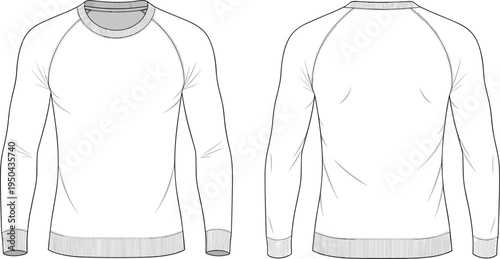 Men raglan sleeve sweatshirt vector template, long sleeve crew neck pullover, front and back view apparel fashion technical flat sketch