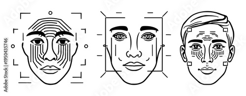 Facial recognition scan UI icon set with professional design and clean technical style featuring biometric, security, face scan with technology and data
